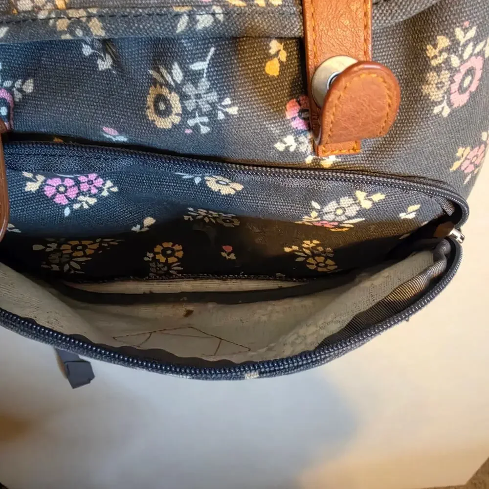 JanSport Baughman Laptop Backpack gray Tiny Bloom Floral Print faux leather